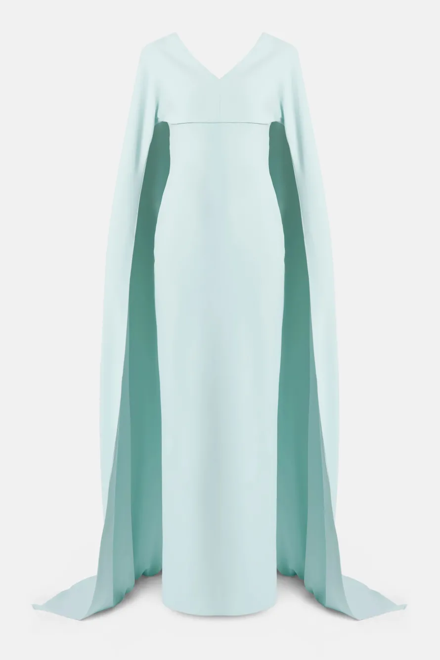 Morgan V Neck Cape Evening Dress in Blue