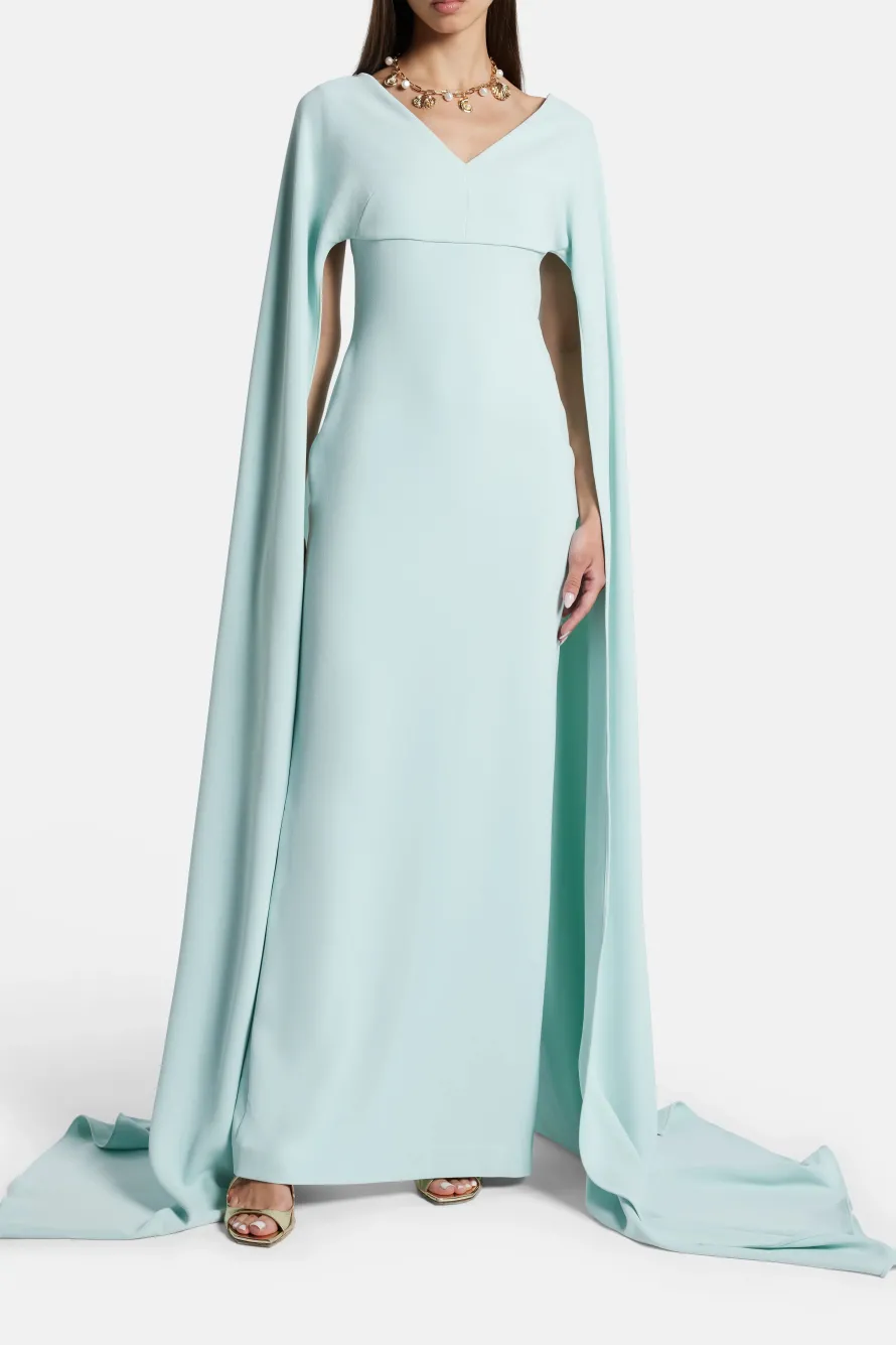 Morgan V Neck Cape Evening Dress in Blue