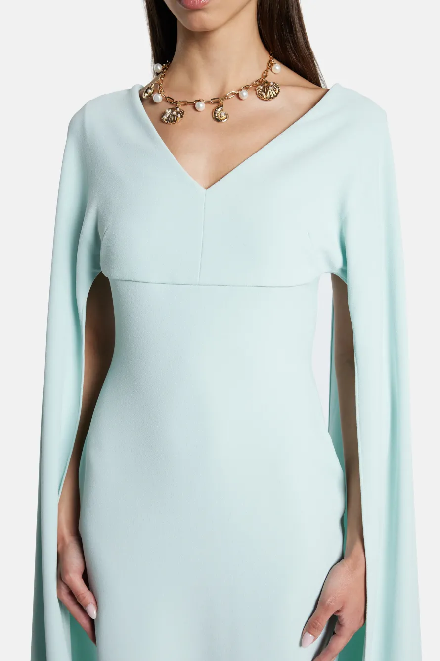 Morgan V Neck Cape Evening Dress in Blue