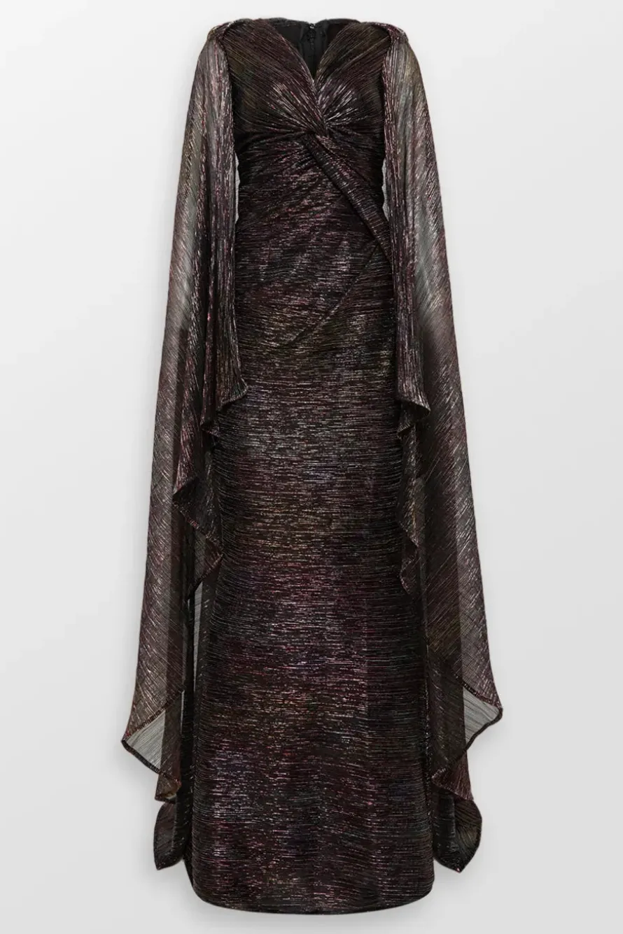 Mystery Voile Metallic Cape Evening Gown