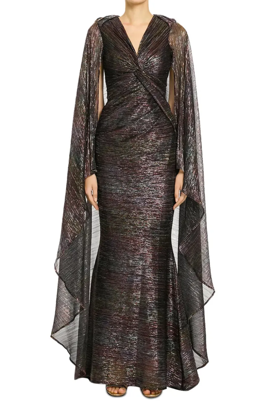 Mystery Voile Metallic Cape Evening Gown