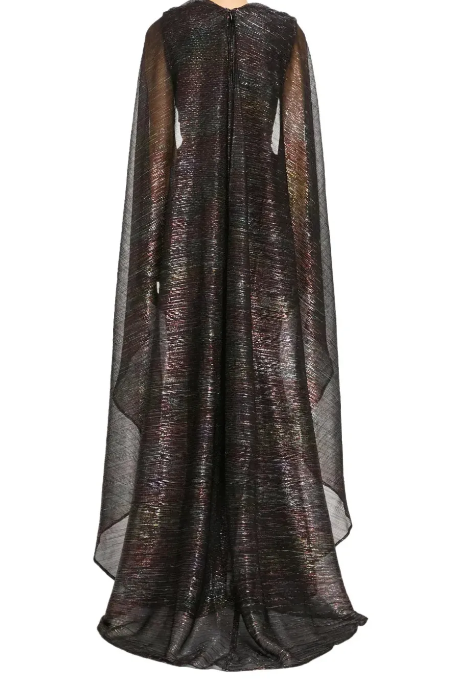 Mystery Voile Metallic Cape Evening Gown