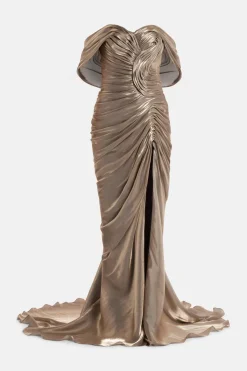 Off Shoulder Draped Satin Evening Gown With Slit in Gold/ Silver