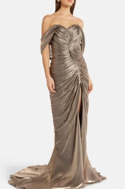 Off Shoulder Draped Satin Evening Gown With Slit in Gold/ Silver