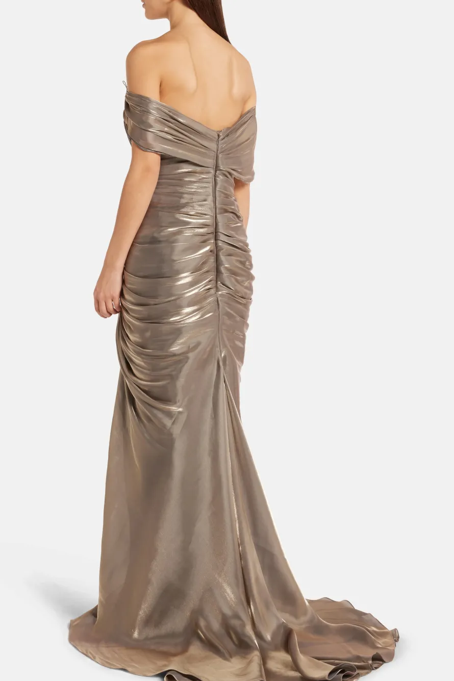 Off Shoulder Draped Satin Evening Gown With Slit in Gold/ Silver