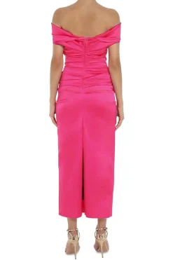 Off-Shoulder Satin Midi Dress