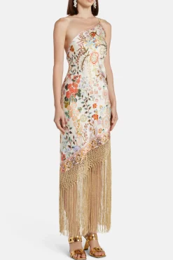 One Shoulder Maxi Dress With Fringe Hem
