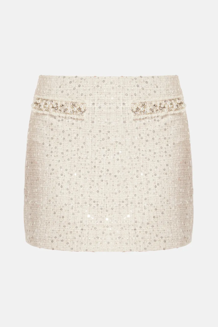 Park Avenue Beaded Tweed Wendina Knit Mini Skirt in Cream