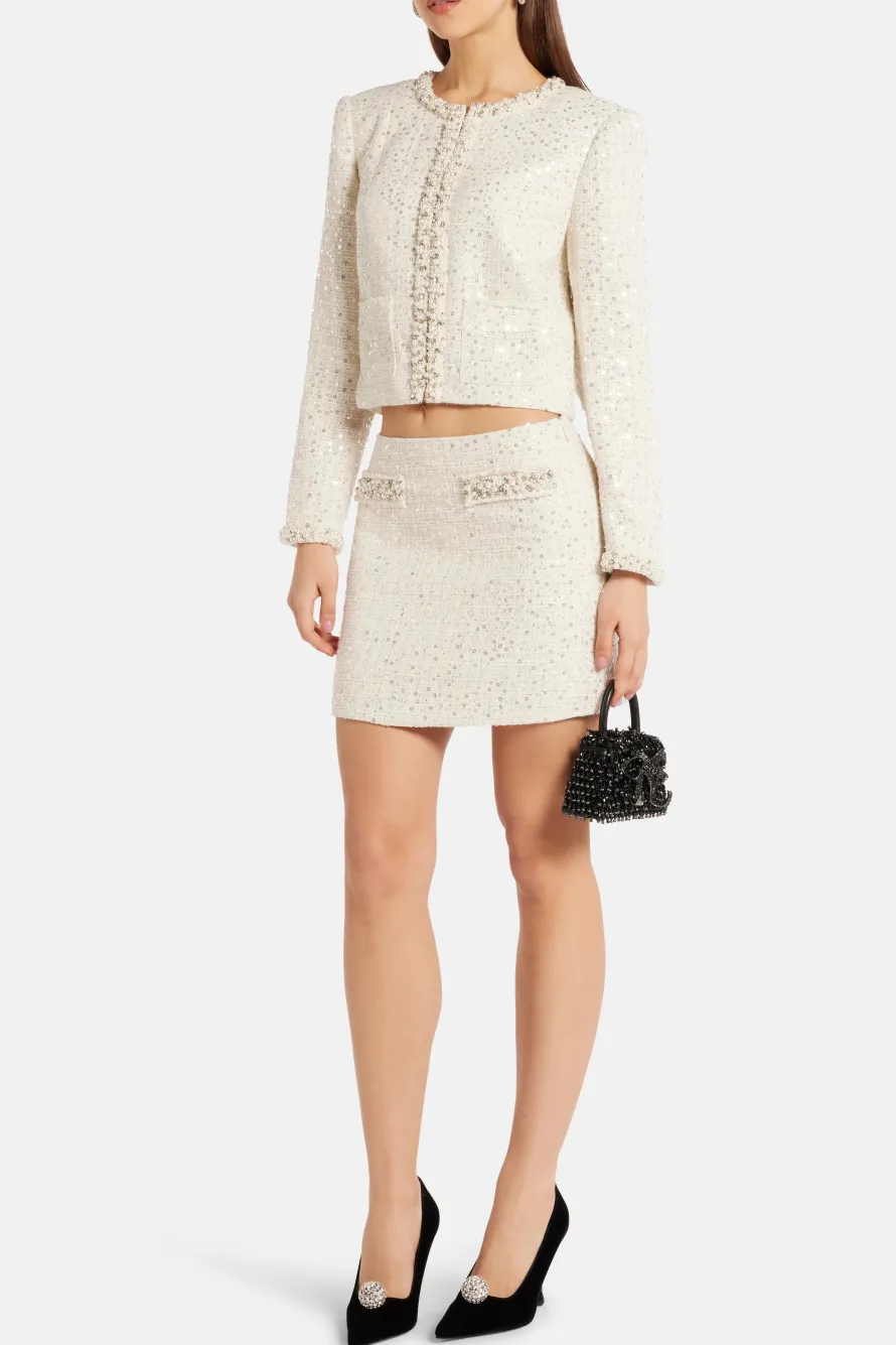 Park Avenue Beaded Tweed Wendina Knit Mini Skirt in Cream