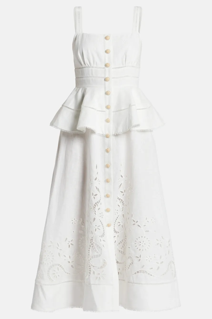 Peplum Linen Midi Dress in White