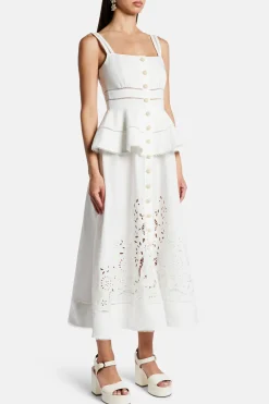 Peplum Linen Midi Dress in White