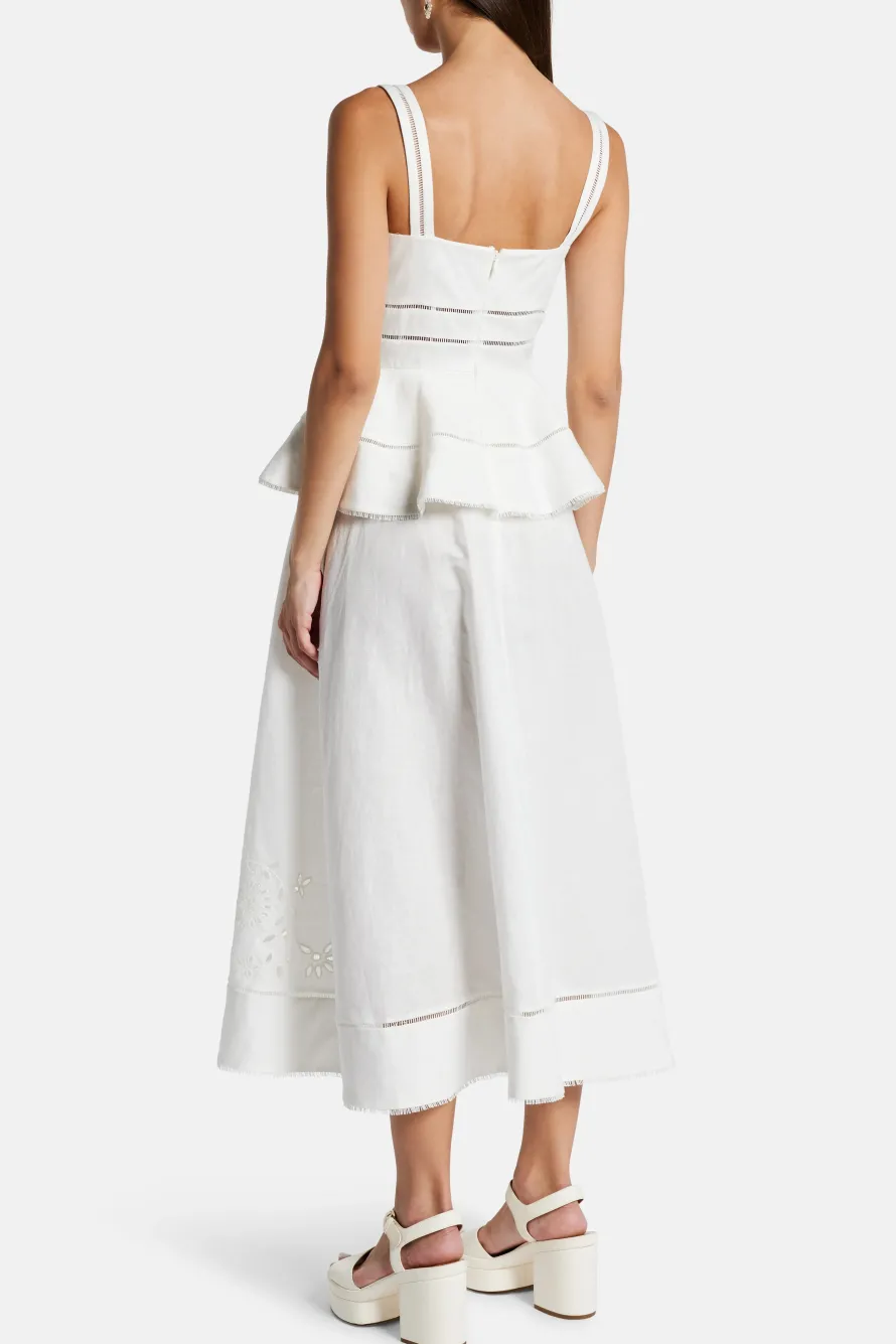 Peplum Linen Midi Dress in White