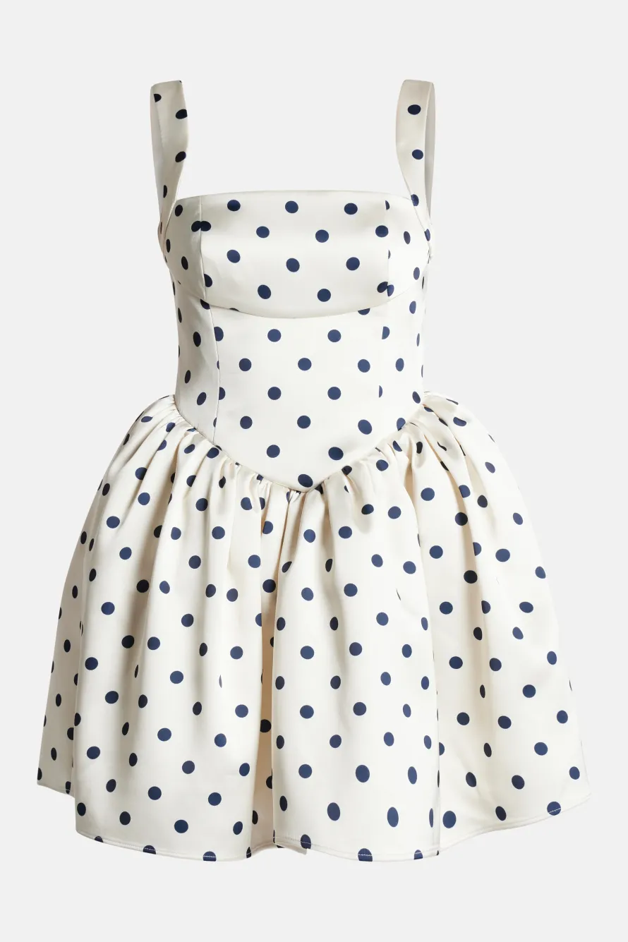 Polka Dot Sleeveless Satin Mini Dress in White