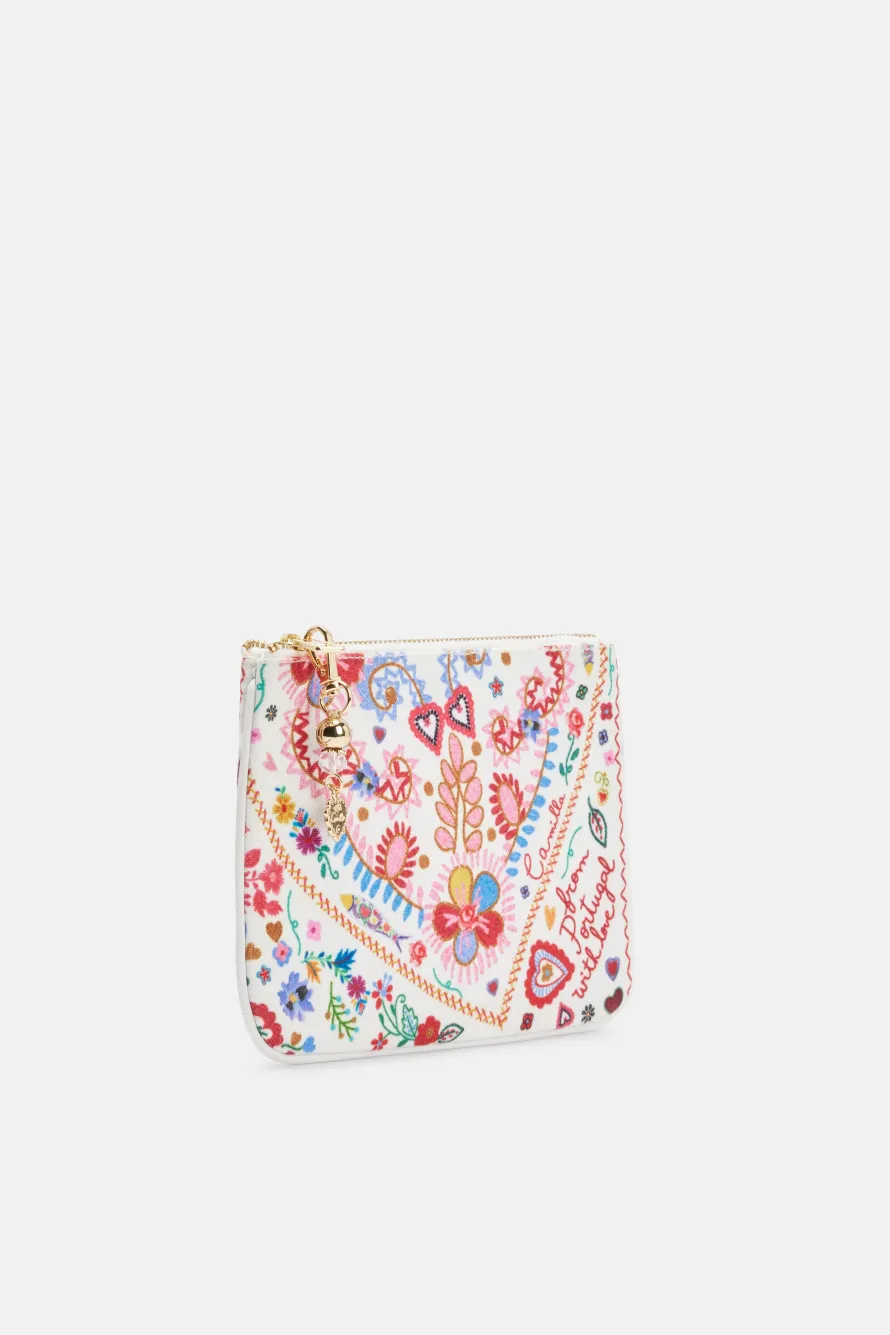 Printed Coin and Phone Zip Purse in White and Red