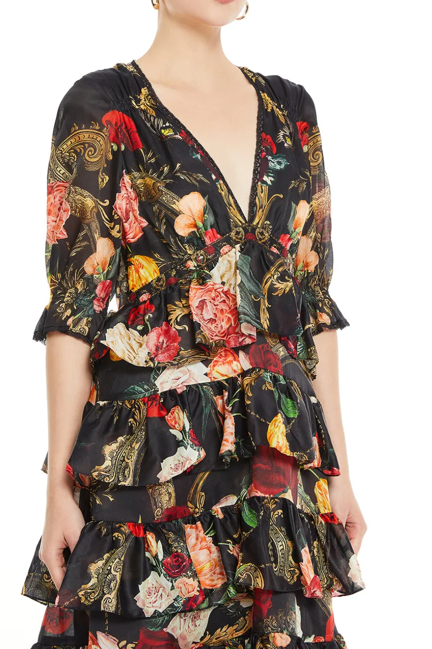 Puff Sleeve Tiered Skirt Floral Maxi Dress