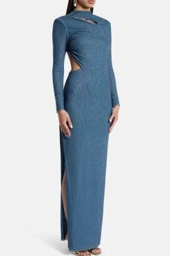 Rhinestone Neck Cut Out Evening Dress in Blue