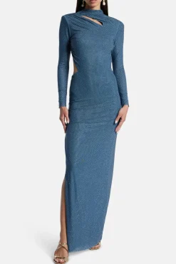 Rhinestone Neck Cut Out Evening Dress in Blue