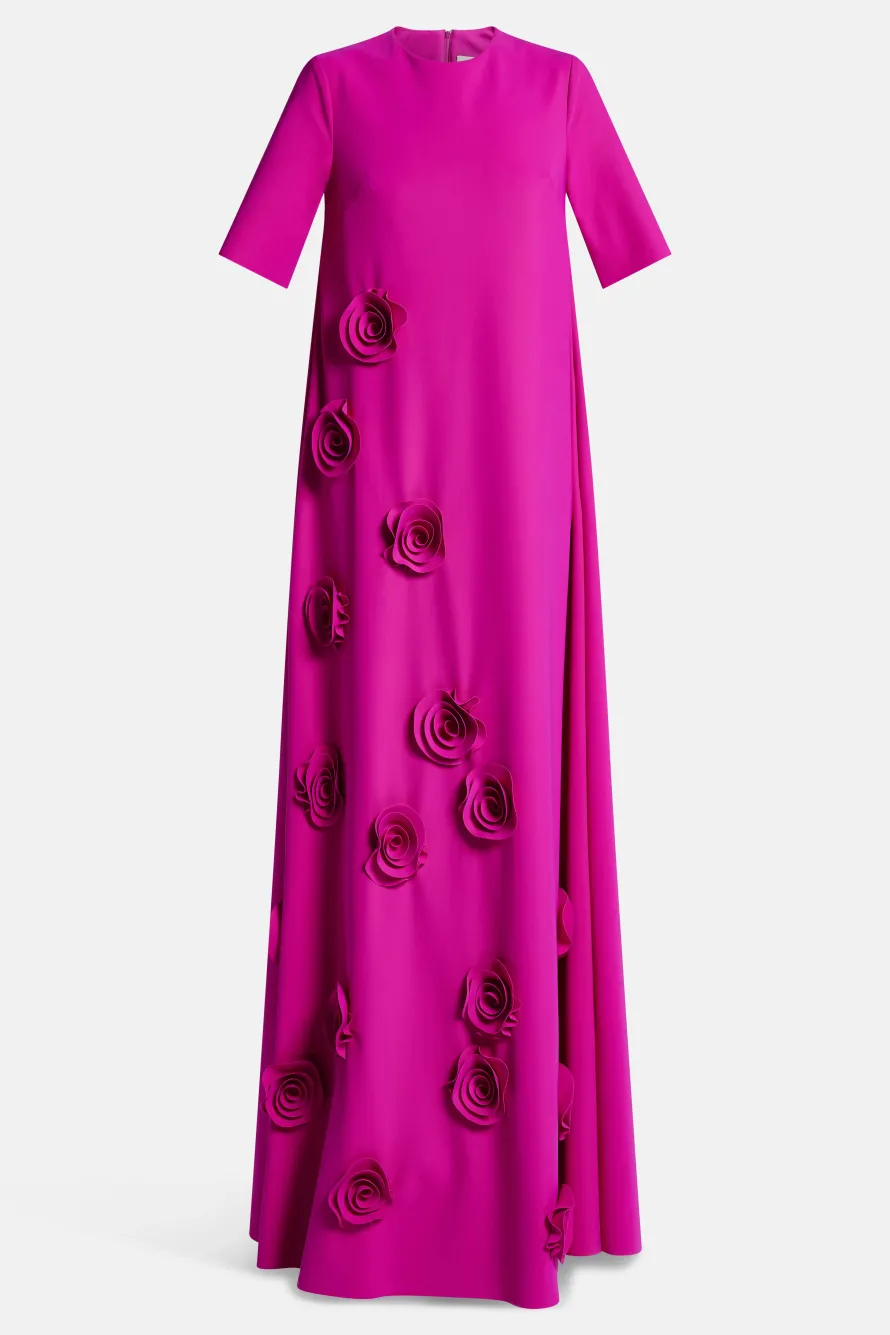 Rosette Floral Applique Round Neck Trapeze Evening Gown in Pink