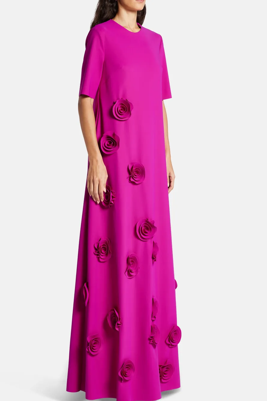Rosette Floral Applique Round Neck Trapeze Evening Gown in Pink