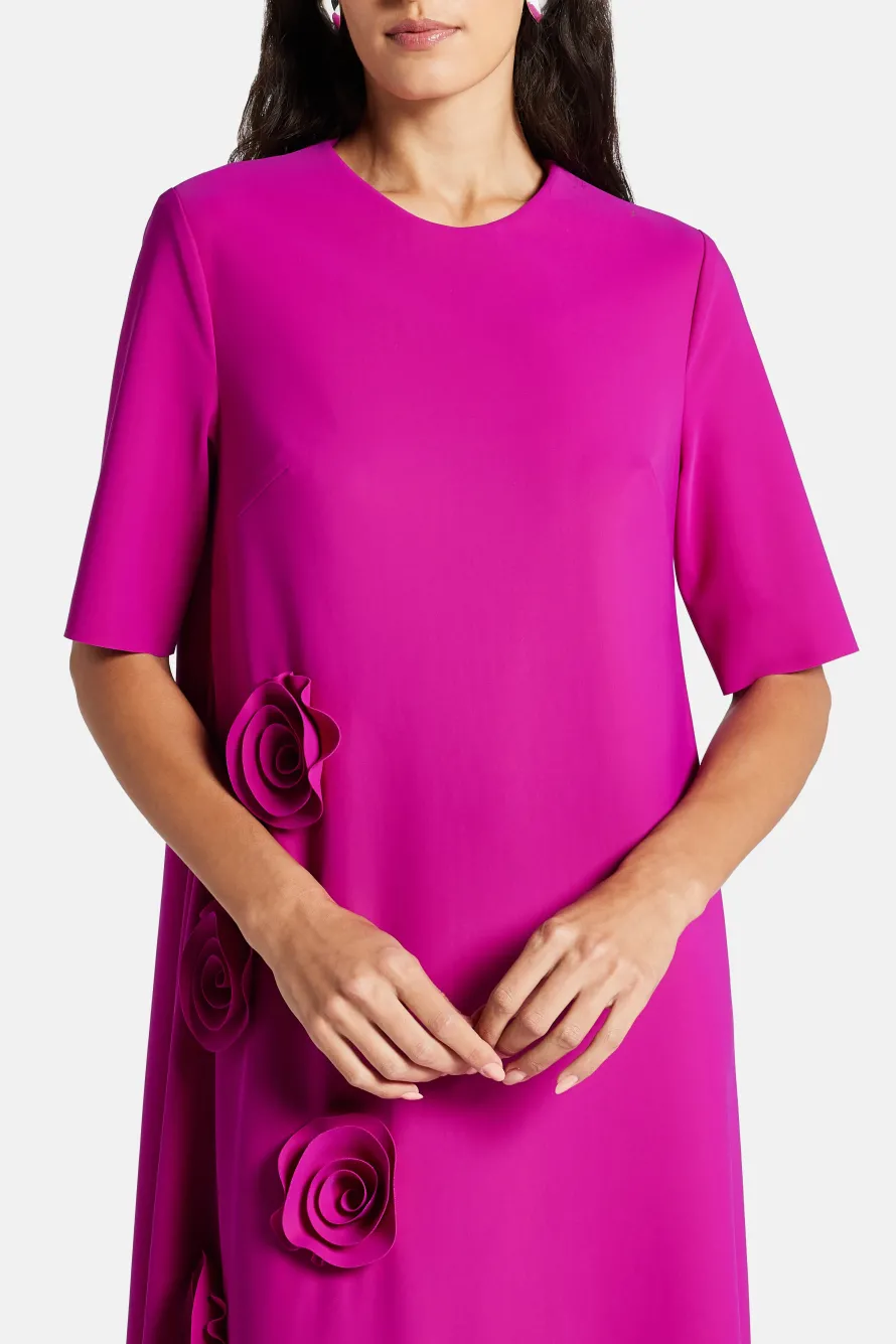 Rosette Floral Applique Round Neck Trapeze Evening Gown in Pink
