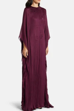 Sequins Silk and Chiffon Blend Kaftan in Burgundy