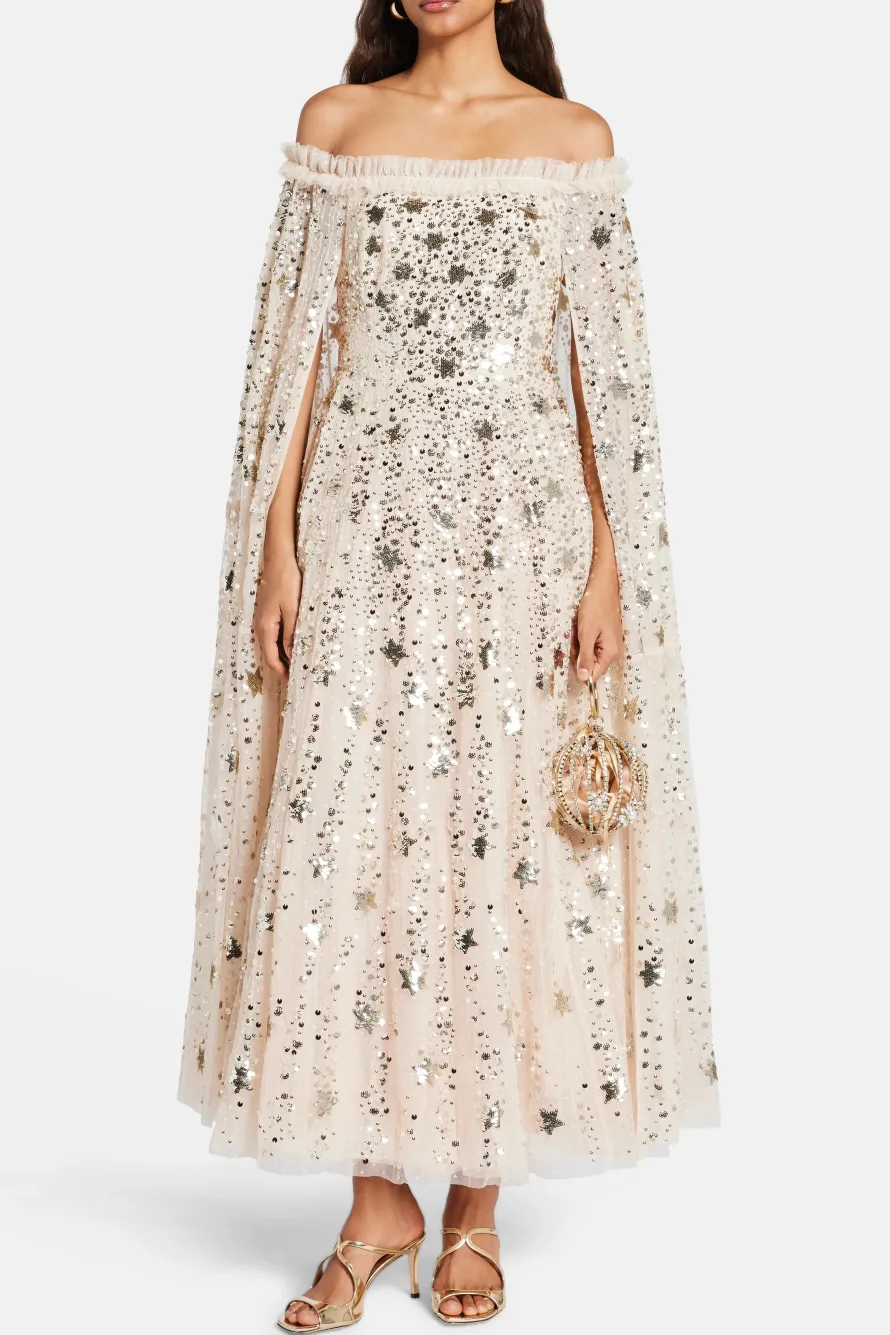 Shooting Stars Sequin Cape Evening Dress