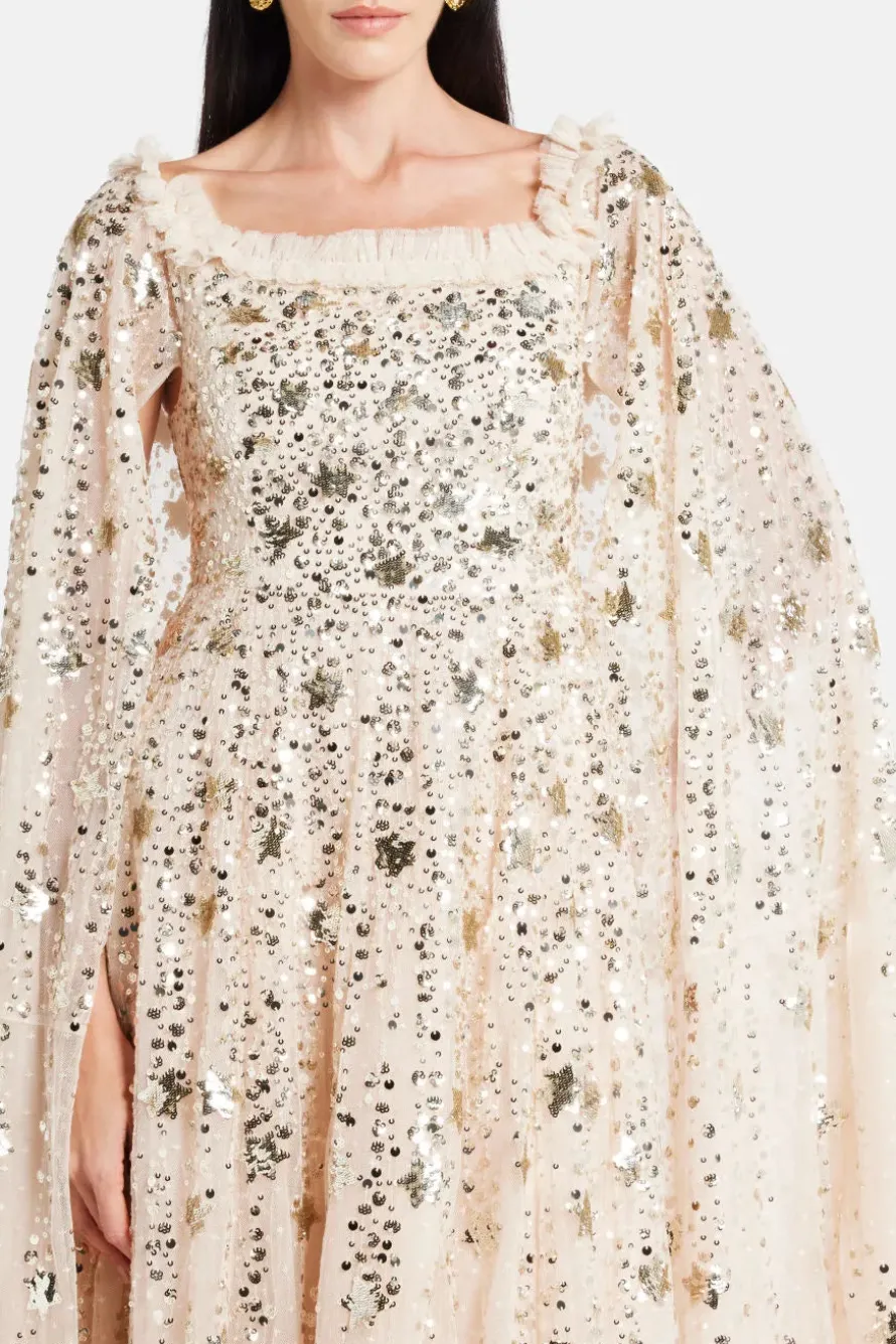 Shooting Stars Sequin Cape Evening Dress