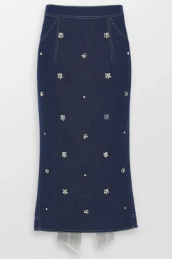 Sonia Crystal Embellished Denim Midi Skirt