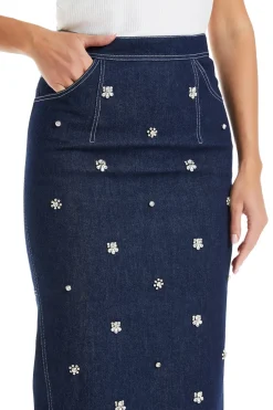 Sonia Crystal Embellished Denim Midi Skirt