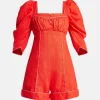 Straight Neckline Puff Sleeves Cotton Mini Jumpsuit in Red