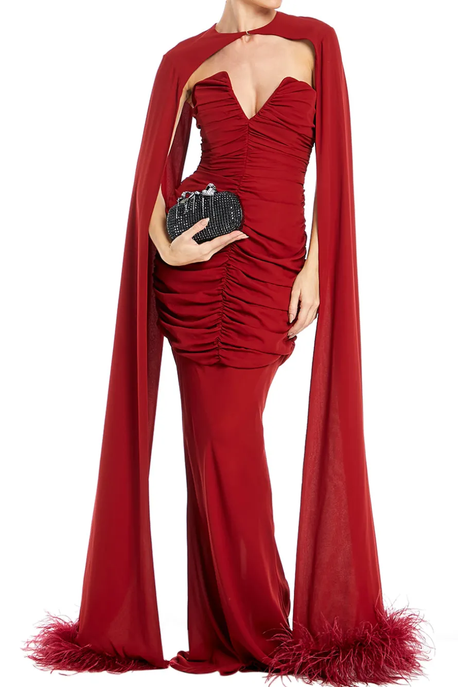 Strapless Maxi Dress With Feather Trim Cape