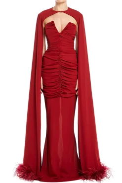 Strapless Maxi Dress With Feather Trim Cape