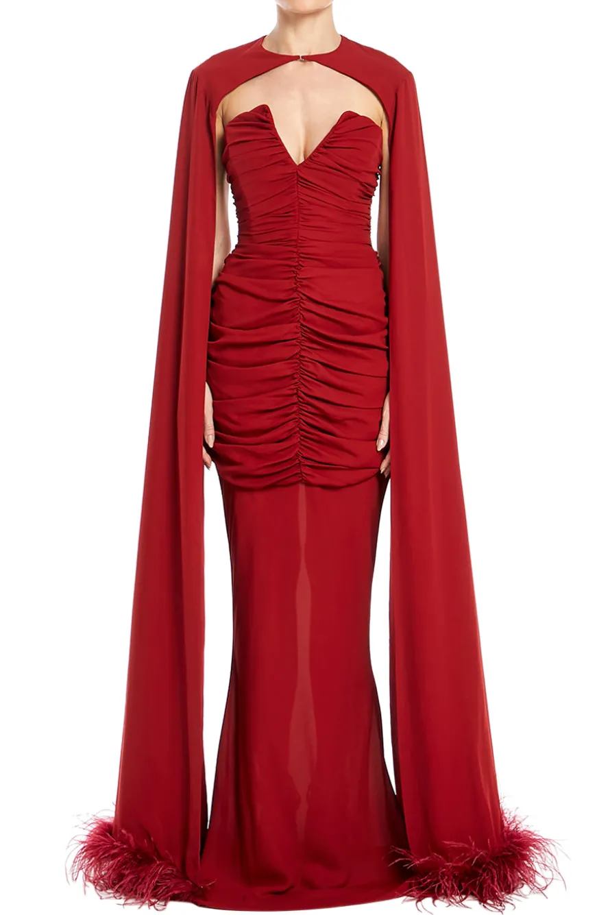 Strapless Maxi Dress With Feather Trim Cape