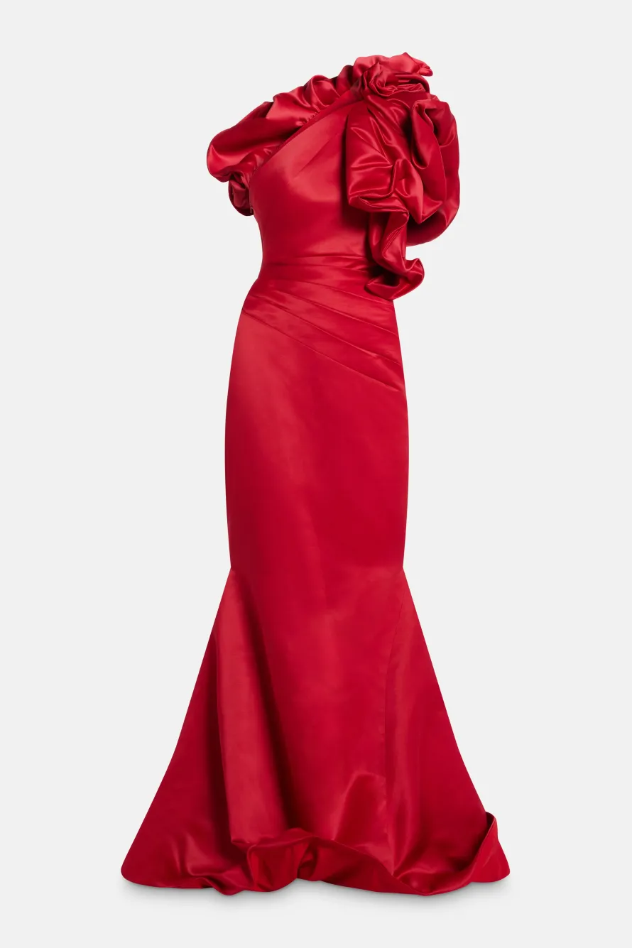 Structured Satin One Shoulder Evening Dress