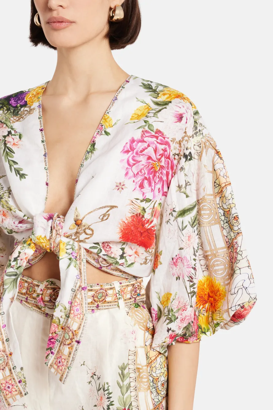 Tie Front Puff Sleeve Top