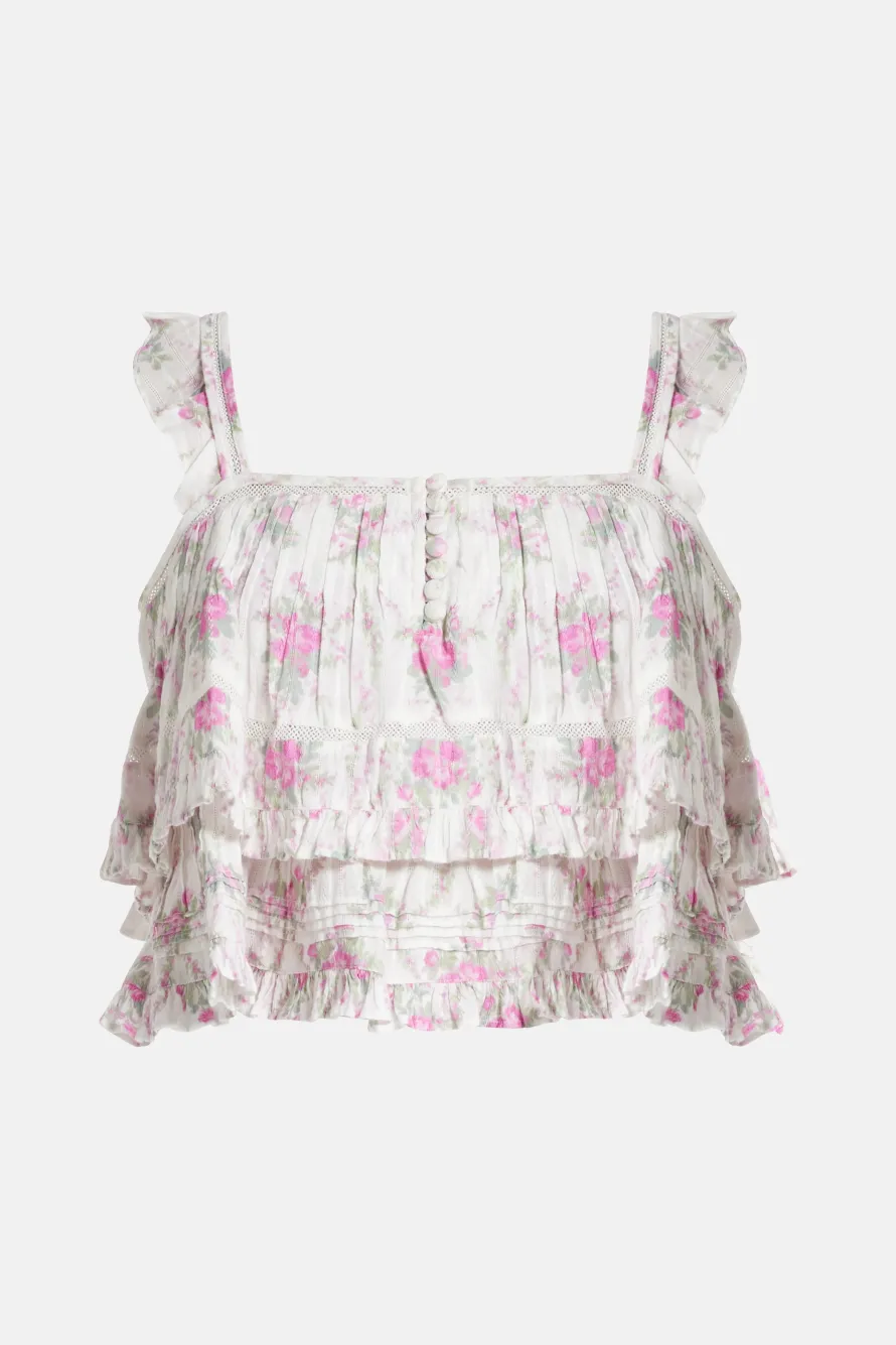 Viola Field Victorian Novalee Sleeveless Floral Cotton Top in White/ Pink