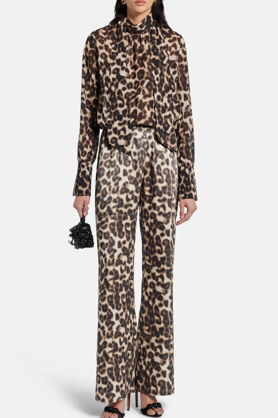 Viva Leopard Print Satin Pants in Brown/ Beige
