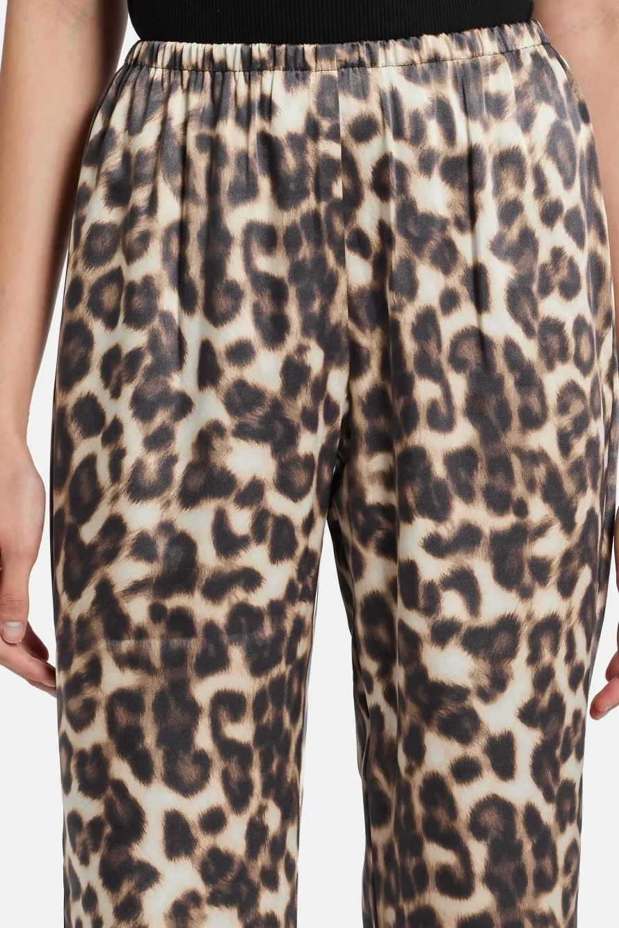 Viva Leopard Print Satin Pants in Brown/ Beige