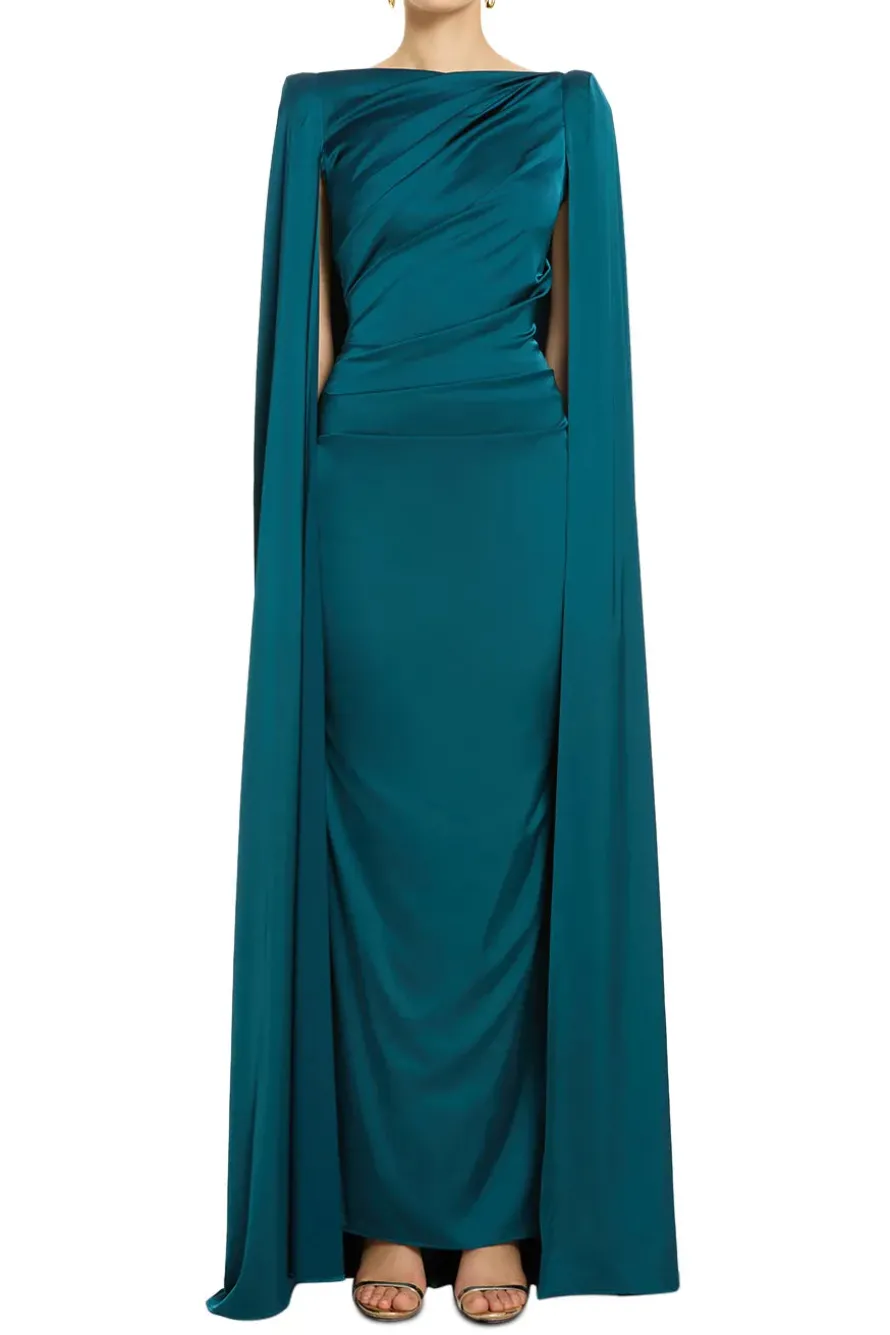 Voile Satin Cape Evening Gown